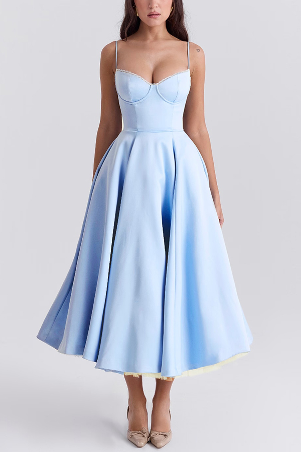 Fairytale Vibe Satin Patchwork Tulle Sweetheart Neck Pocket Stretch Midi Dress-consonak
