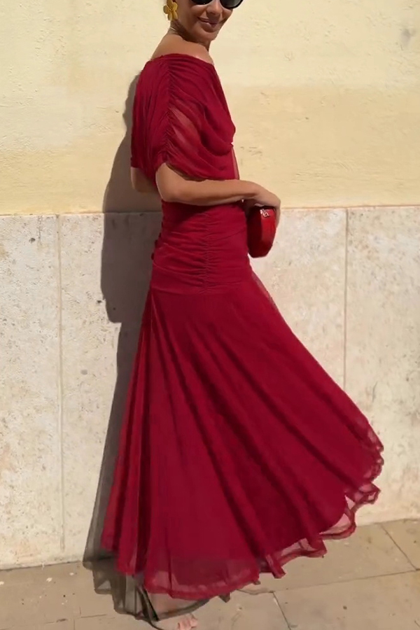 Unique Printed V-Neck Waisted Mesh Holiday Maxi Dress-consonak