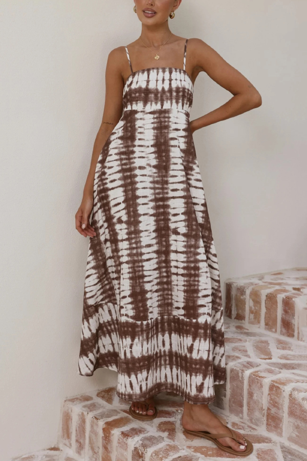 Fashionable Tie-dye Print Spaghetti Strap High-waisted Casual Vacation Maxi Dress