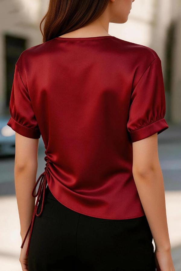 Solid Color Satin V-neck Short-sleeved Side Waist Ruching Casual Top | Consonak