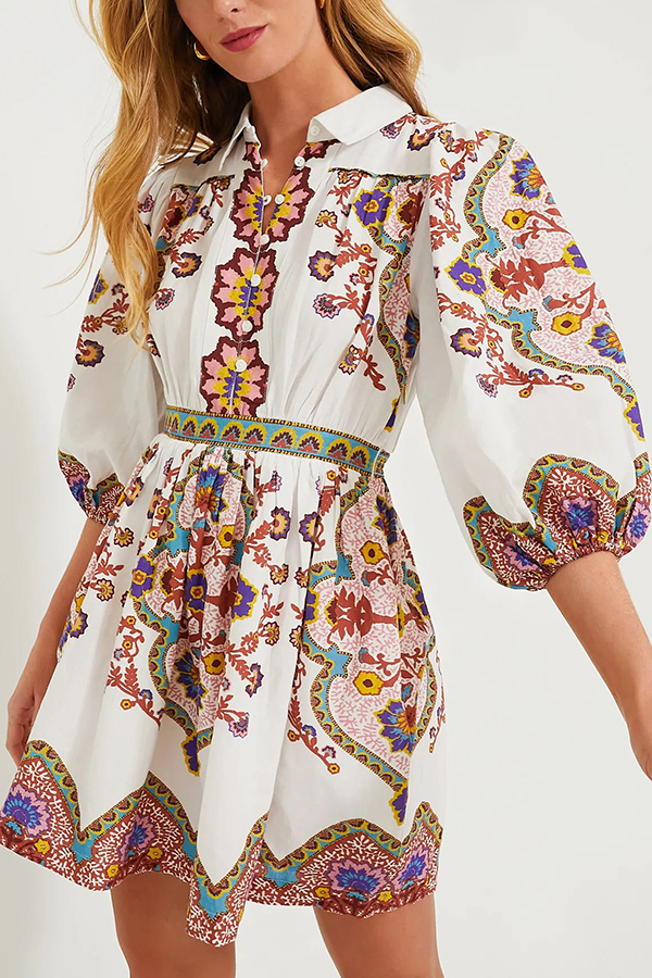 Fun and Vibrant Linen Blend Unique Print Puff Sleeve Pocketed Shirt Mini Dress-consonak