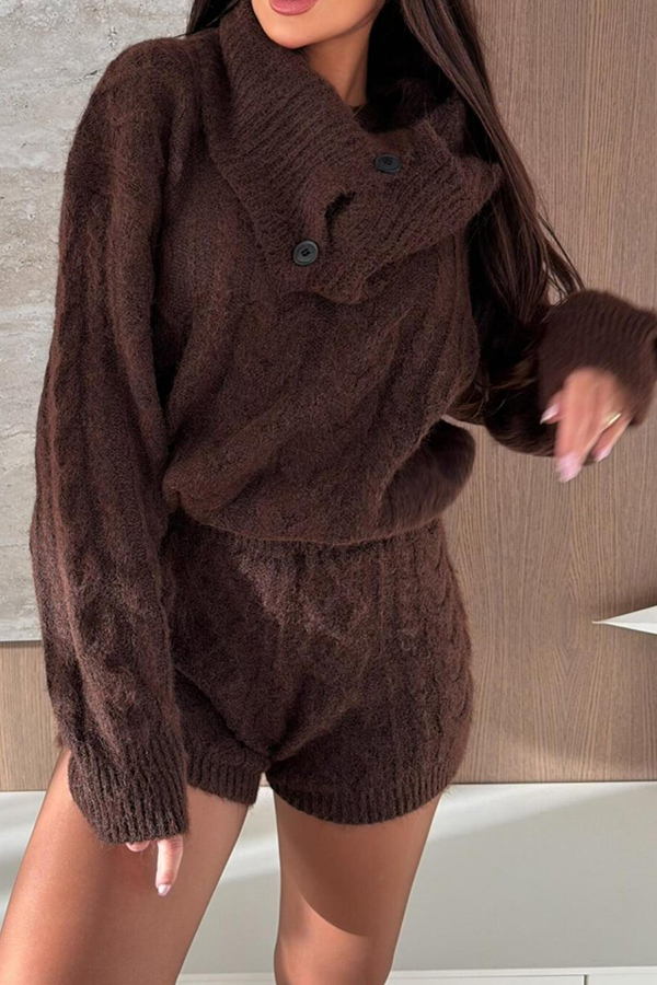 Diviano Cabble Knit Button Scarf Long Sleeve Sweater and Stretch Mini Shorts Set(3 Pieces)-consonak