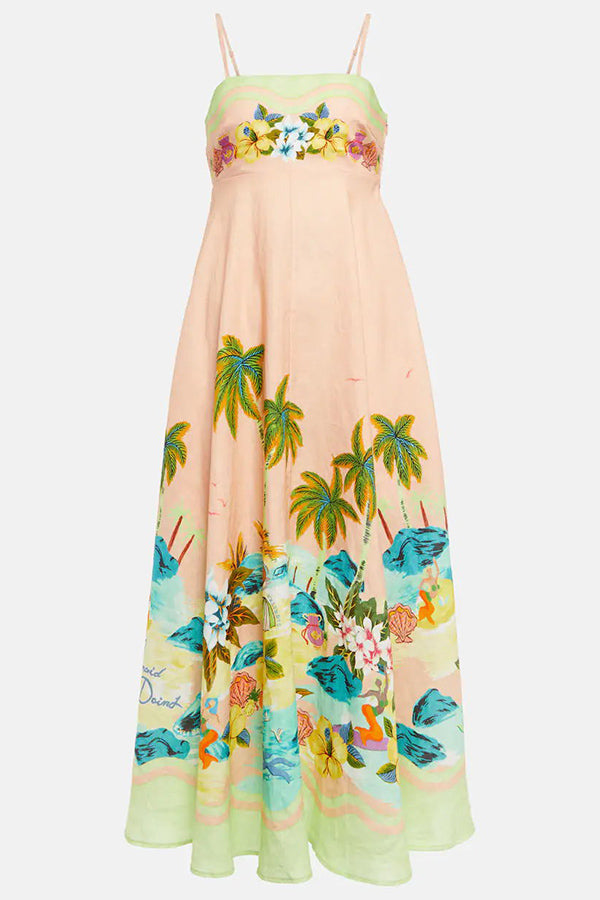 Coconut Scenery Linen Blend Tropical Print Smocked Back Midi Dress-consonak