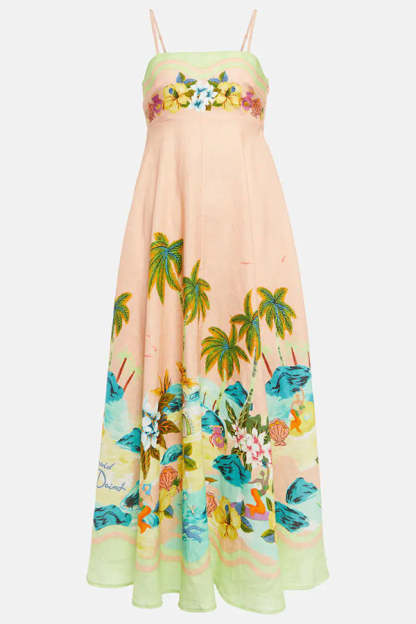 Coconut Scenery Linen Blend Tropical Print Smocked Back Midi Dress-consonak