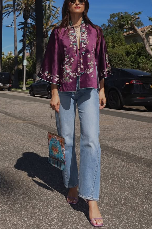 Vintage Dreams Satin Floral Print Cheongsam Style Neck Half Sleeve Blouse