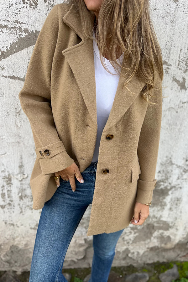 Solid Color Casual Lapel Long Sleeve Loose Woolen Jacket-consonak