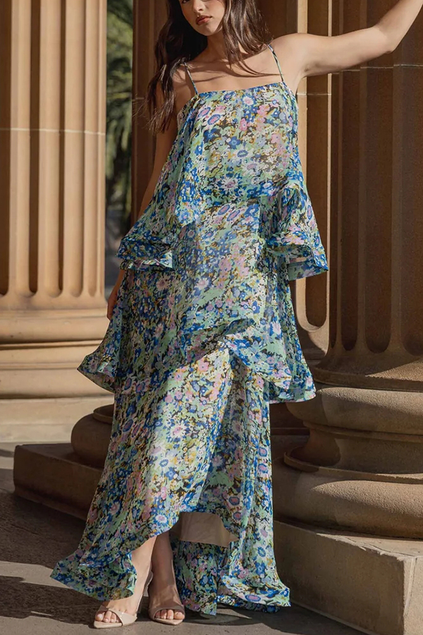 Armani Georgette Fabric Floral Print Tiered Slip Square Neck A-line Maxi Dress