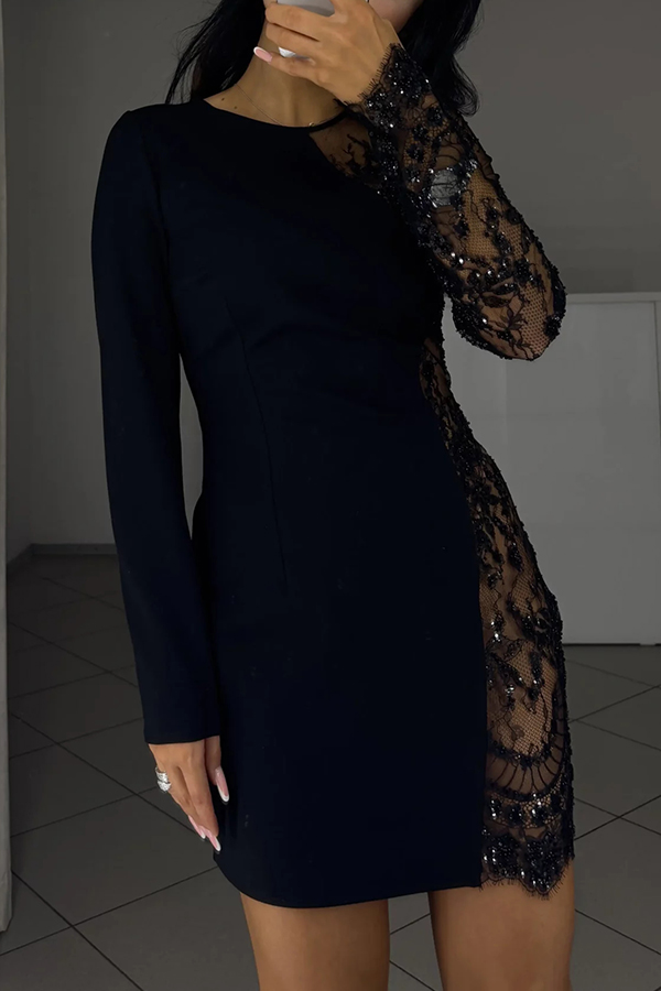 Cocktails First Floral Sequin Bead Patchwork Long Sleeve Mini Dress-consonak