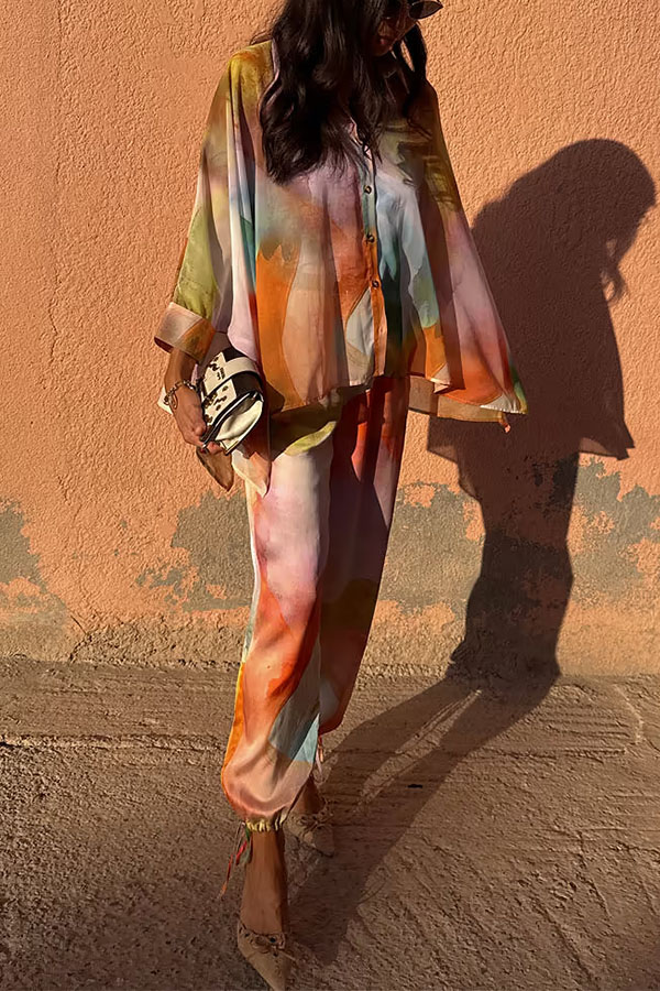 Vacation View Colorful Abstract Print Button Long Batwing Sleeve Oversized Blouse-consonak