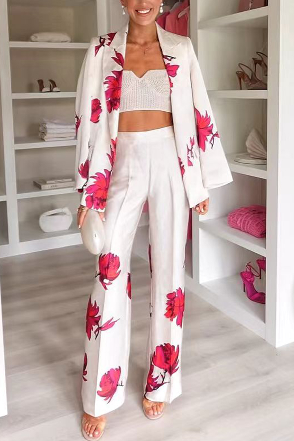 Special Attendance Satin Floral Print Long Sleeve Lapel Loose Blazer-consonak