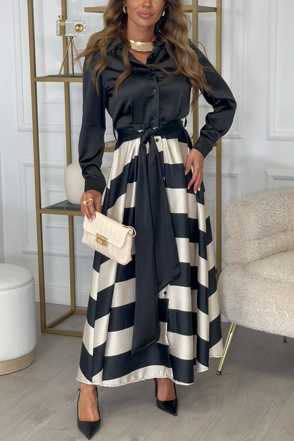 Lindsey Satin Colorblock Contrast Long Sleeve Belted Shirt Maxi Dress-consonak