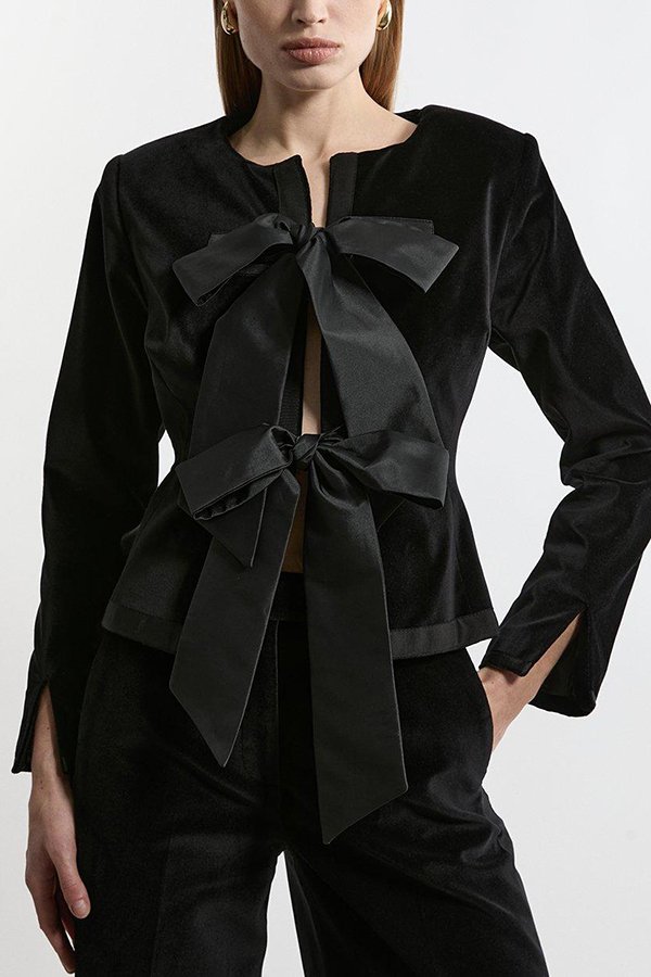 Cue The Cocktails Velvet Tailored Taffeta Bow Detail Peplum Jacket-consonak