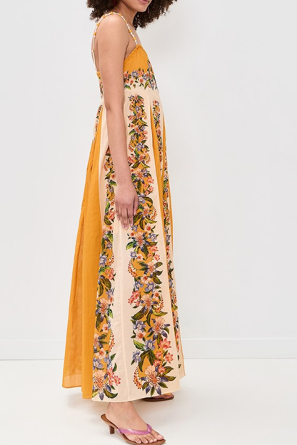 Bloom Bright Linen Blend Floral Print Beaded Shoulder Straps Pocket Maxi Dress-consonak