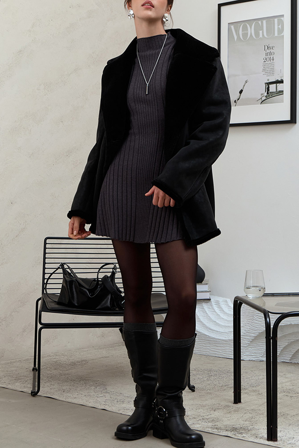 Solid Color Long-sleeved Slim-fit Elegant Knitted Mini Dress-consonak