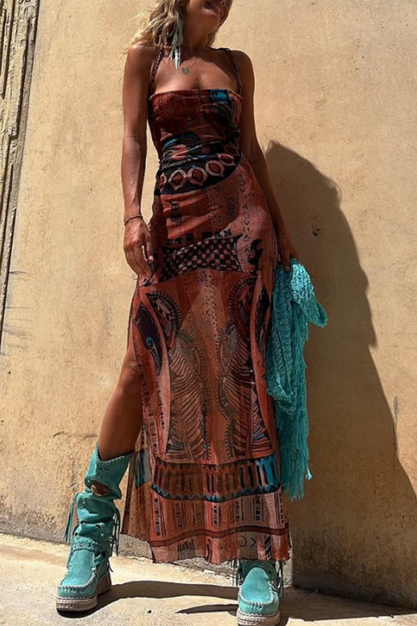 Gypsy Style Unique Print Cowl Neck Back Lace-up Slit Midi Dress-consonak