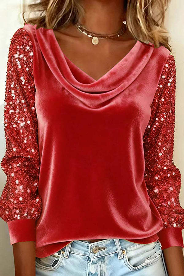 Stylish Velvet Sequin Patchwork Long-sleeved Casual Top-consonak