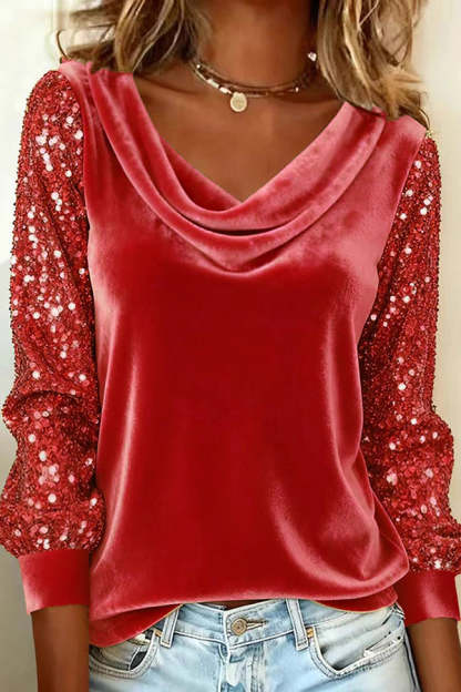 Stylish Velvet Sequin Patchwork Long-sleeved Casual Top-consonak