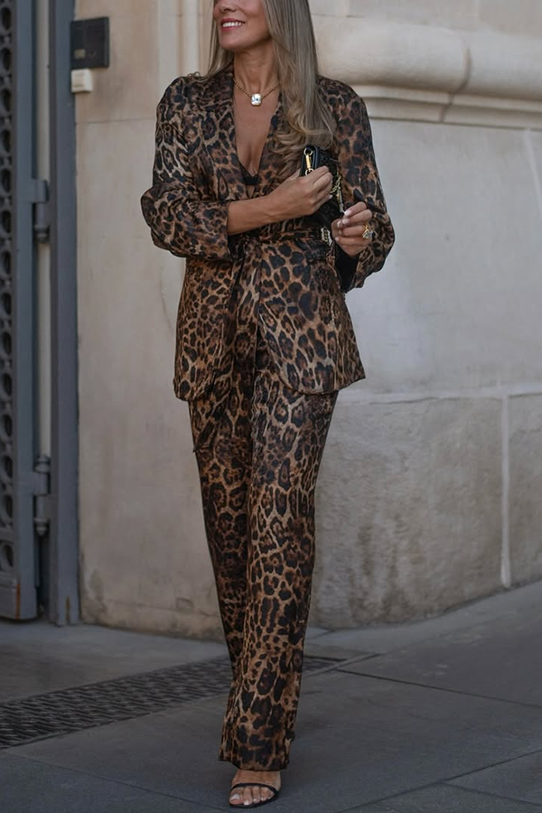 Chic View Leopard Print Tie-up Waist Lapel Blazer and Elastic Waist Loose Pants Set-consonak