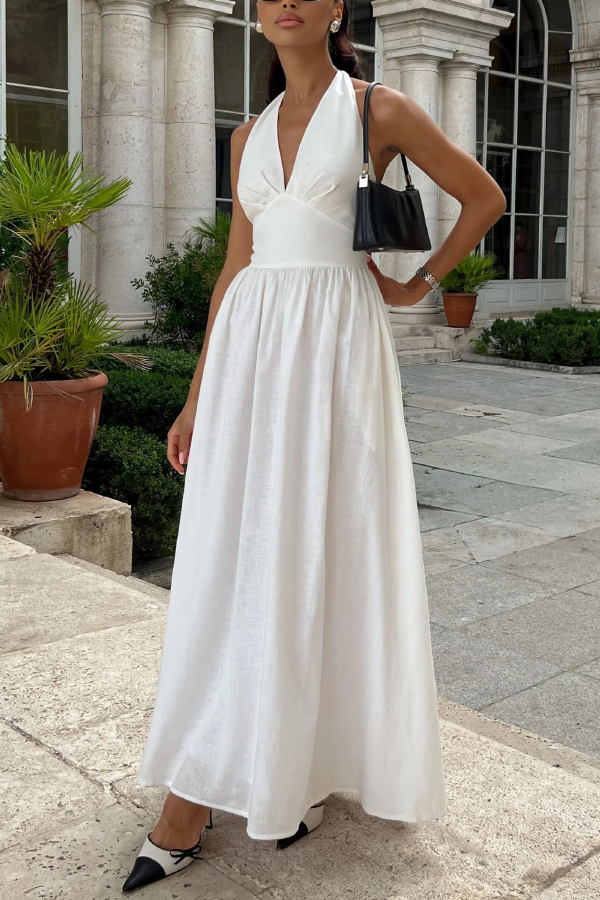 Solid Color Halter Neck Tie Elegant Backless Waist-cinching Maxi Dress | Consonak