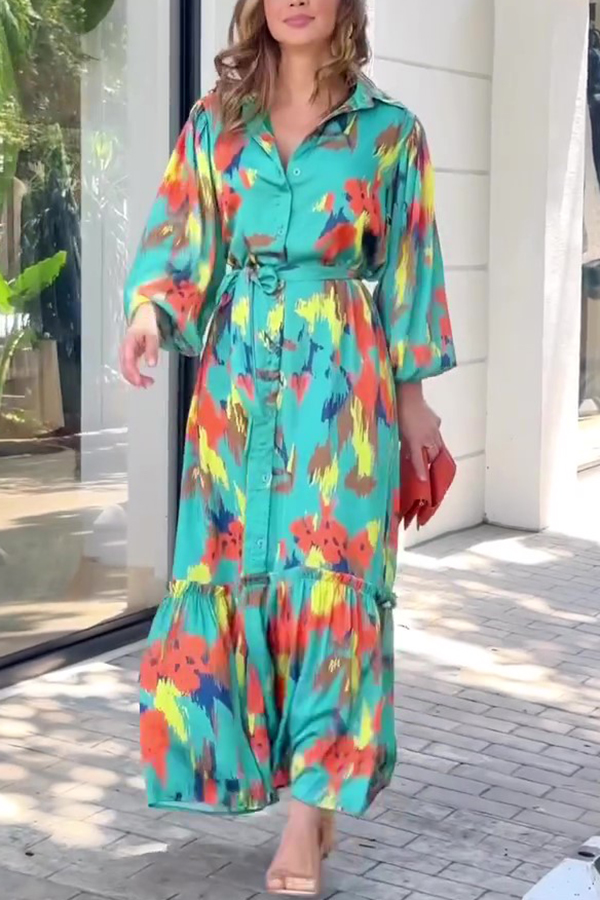 Multicolor Printed Lapel Balloon Sleeves Tie-waist Maxi Dress-consonak