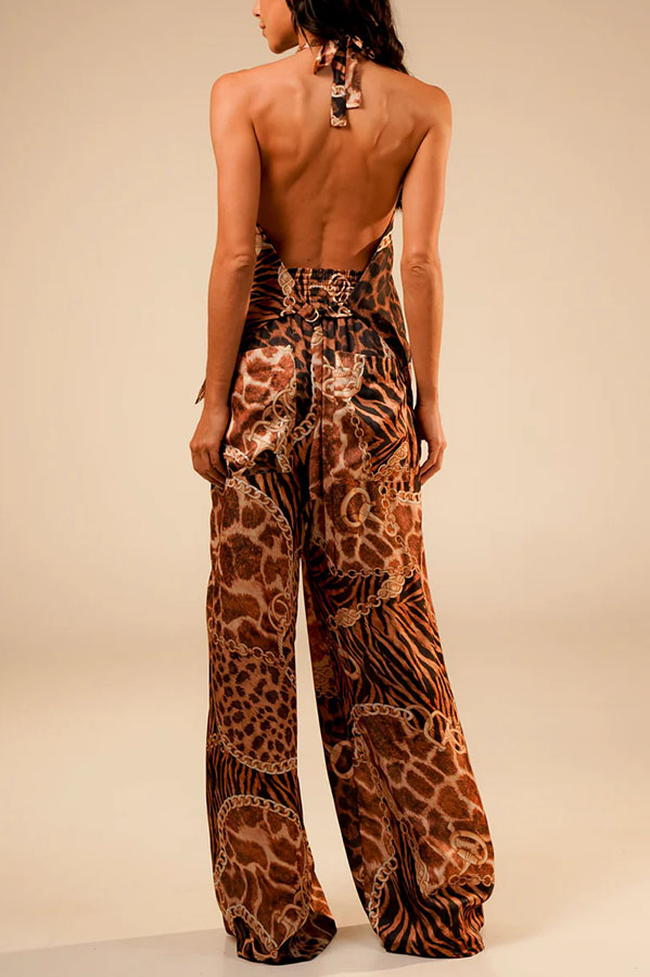 Laine Animal Paisley Print Metal Ring Halter Slit Tank and Elastic Waist Pocket Loose Pants Set-consonak