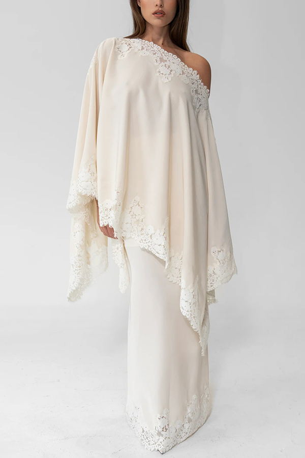 Like A Swan Satin Lace Trim Off Shoulder Wide Sleeve Cape Top-consonak