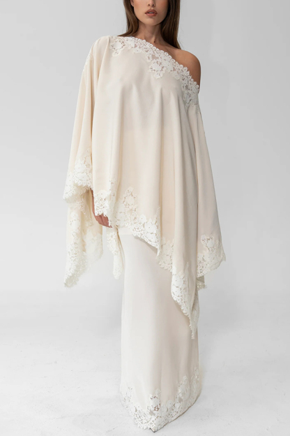 Like A Swan Satin Lace Trim Off Shoulder Wide Sleeve Cape Top-consonak