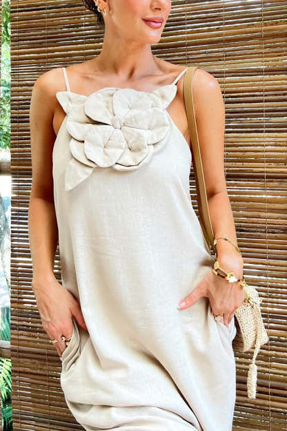 Vacay Ready Linen Blend Floral Embellishment Pocketed Slit Maxi Dress-consonak