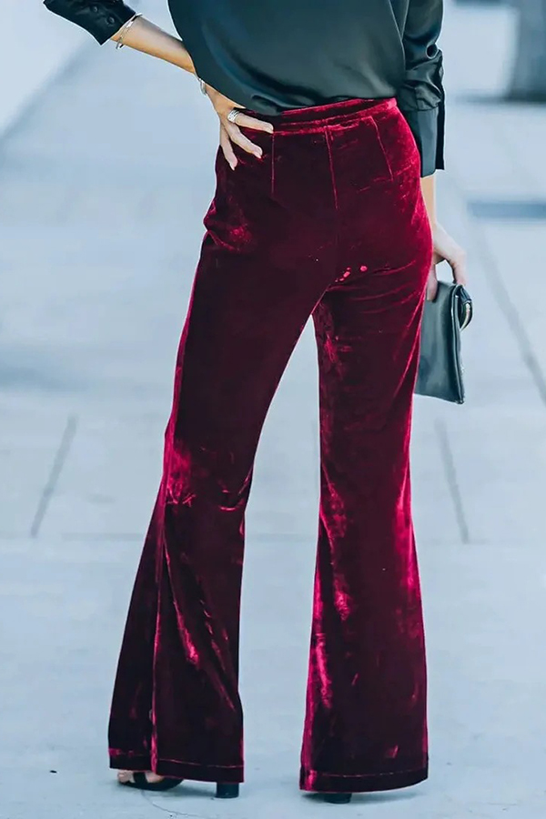 Claudia Velvet High Rise Elastic Waist Flare Stretch Pants-consonak