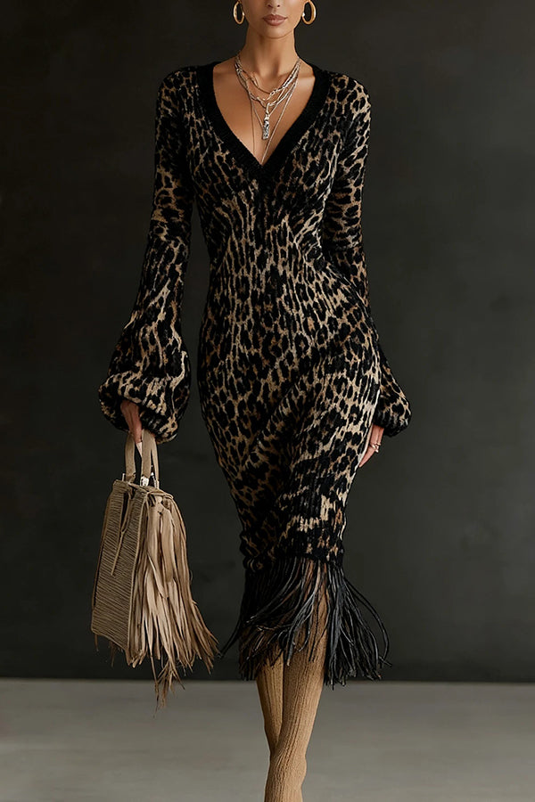 Unique Printed V-neck Long-sleeved Elegant Tassel Hem Midi Dress-consonak