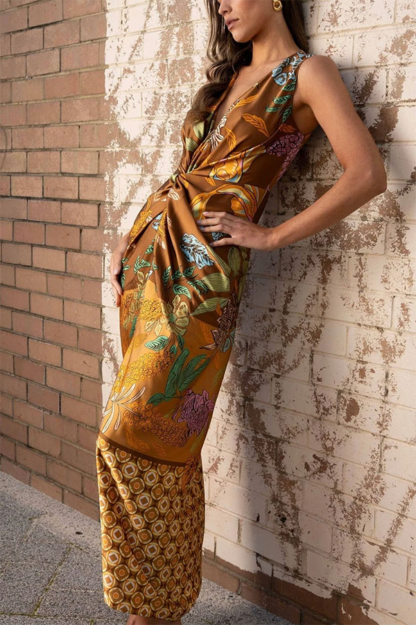 Naturally Inspired Satin Unique Floral Print Twist Waist Slit Drape Maxi Dress | Consonak