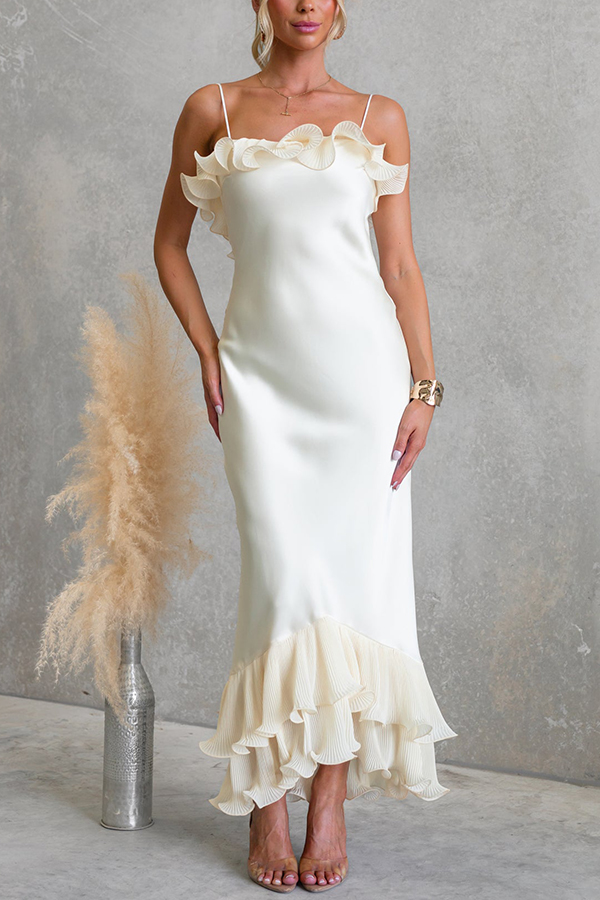 Bella Satin Pleated Chiffon Ruffle Details Slip Maxi Dress