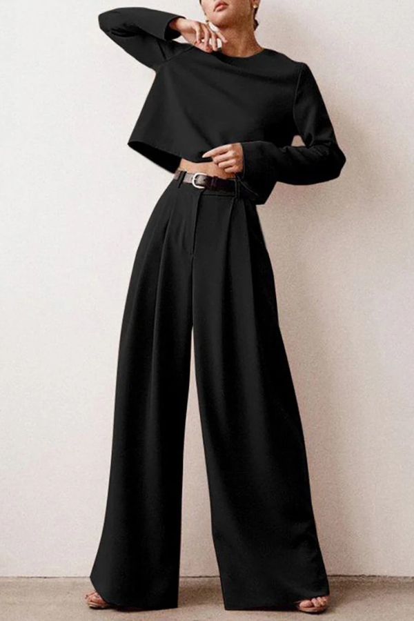 Solid Color Crew Neck Long-sleeved Cropped Top and Casual Pocket Wide-leg Pants Set-consonak