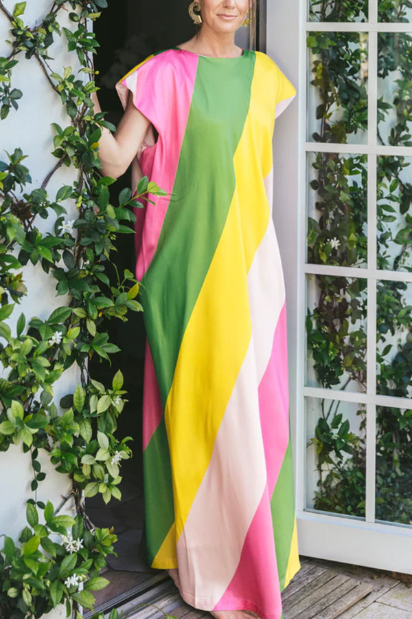 Vintage Summer Chic Satin Bold Striped Short Sleeve Loose Maxi Dress-consonak
