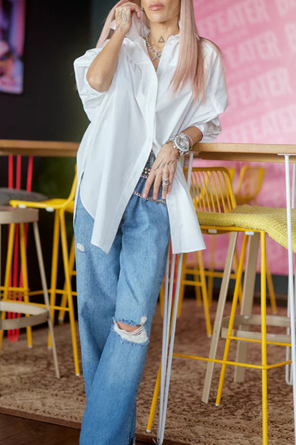 Easy and Modern Button Up Sculptural Sleeve Slit Oversized Midi Blouse