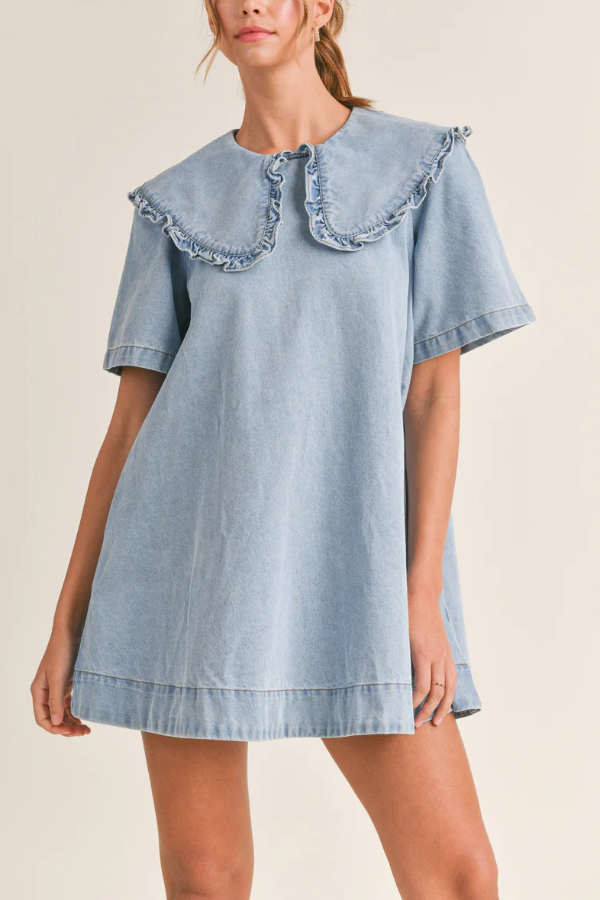 Solid Color Loose Short-sleeved Casual Ruffled Denim Mini Dress | Consonak