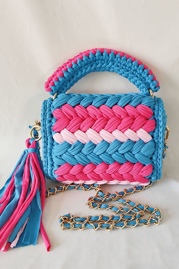 Contrast Color Stitching Braided Chain Tassel Bag-consonak