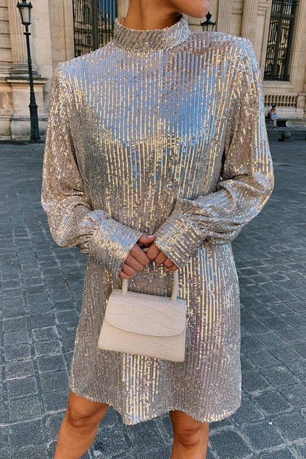 Fashionable Sequined Long-sleeved Belted Casual Mini Dress-consonak