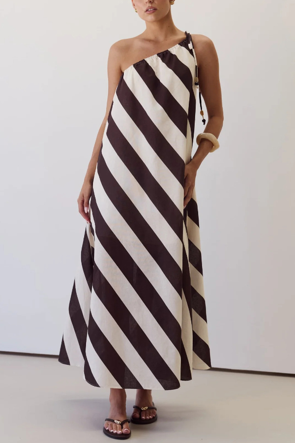 Fashionable Striped Print Loose One-shoulder Tie Vacation Maxi Dress