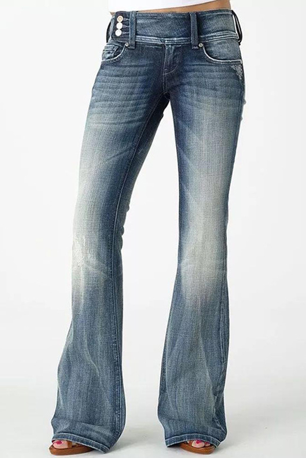 Vintage Side Button Pocket Mid-rise Flared Jeans-consonak