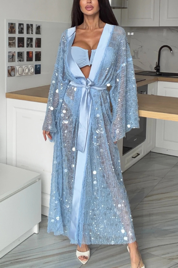 Fashionable Sequined Loose Long-sleeved Tie-front Holiday Casual Cover-up