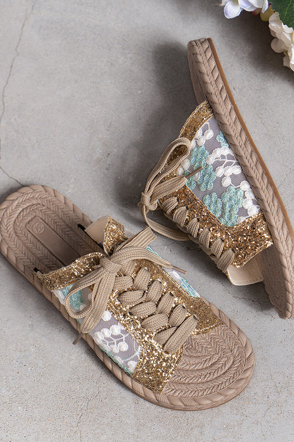 Sequined Mesh Embroidered Casual Strappy Flat Slippers-consonak