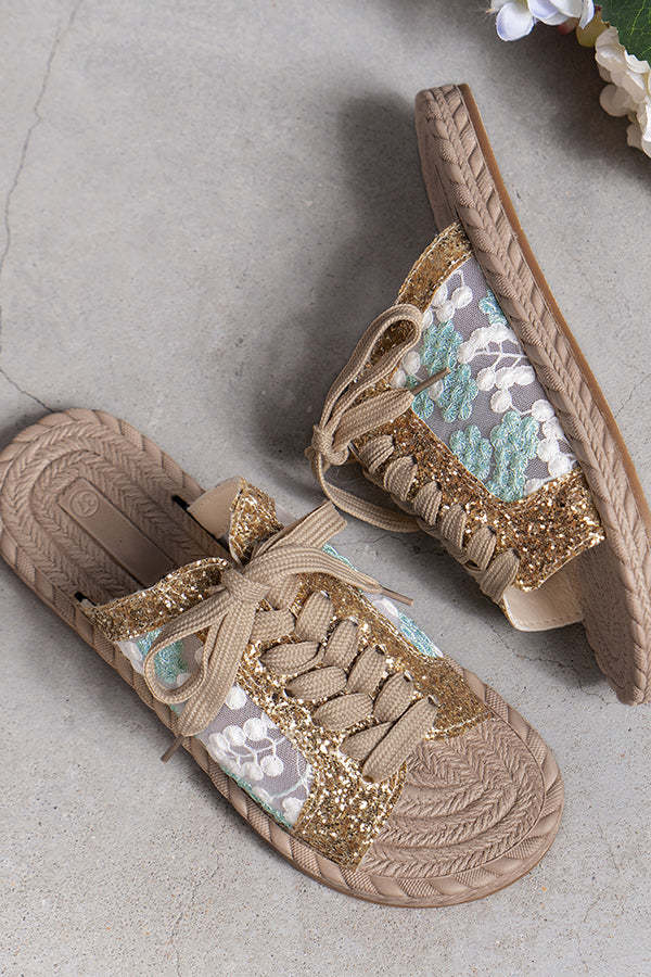 Sequined Mesh Embroidered Casual Strappy Flat Slippers-consonak