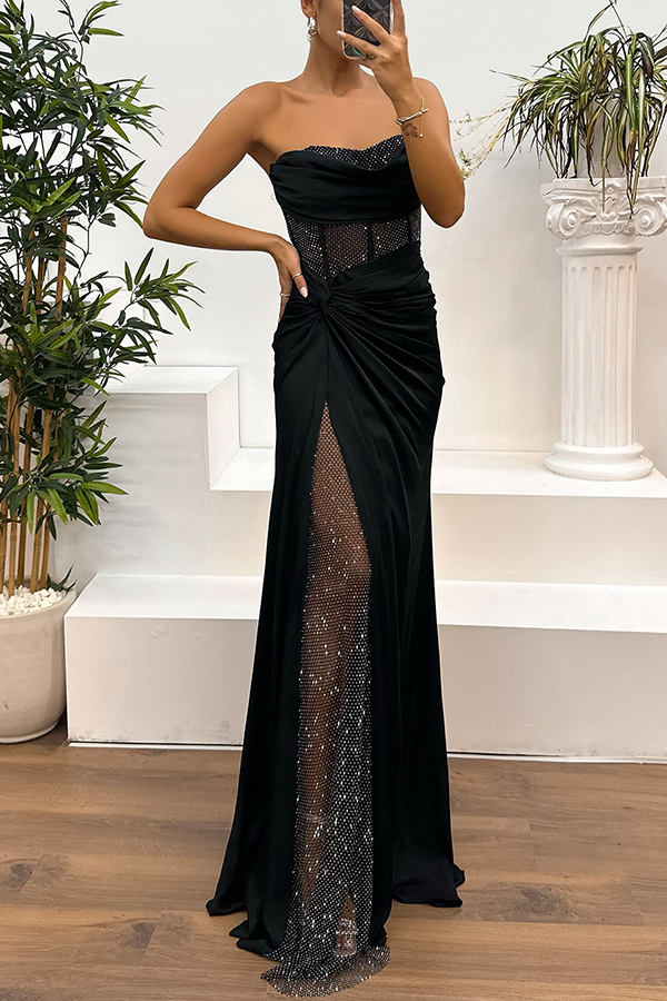 Audrey Satin Paneled Mesh Sequin Fabric Off Shoulder Ruched Drape Maxi Dress | Consonak