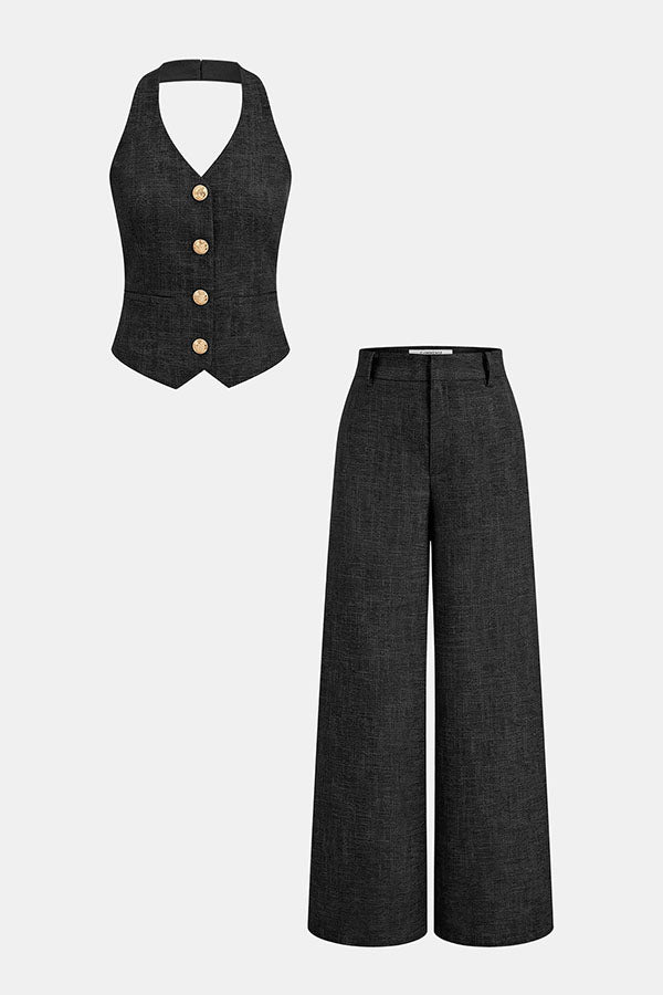 City Outfit Linen Blend Metal Button Halter Vest and Pocket Wide Leg Pants Set | Consonak