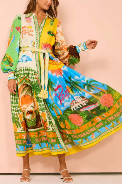 A World of Colour Unique Print Balloon Sleeve Belt Shirt Midi Dress-consonak
