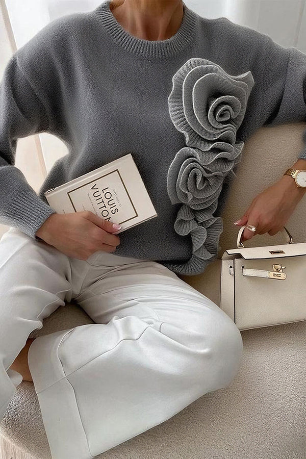 Solid Color 3D Floral Loose Long-sleeved Knit Sweater-consonak