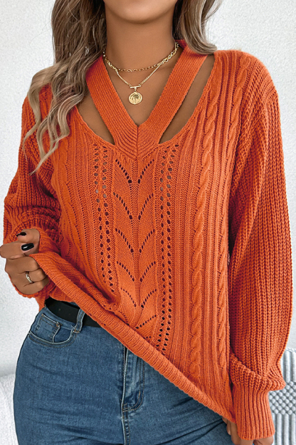 Casual Hollow V-neck Long-sleeved Knitted Sweater-consonak