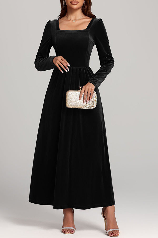 Solid Color Velvet Square Neck Long Sleeve Elegant Maxi Dress-consonak