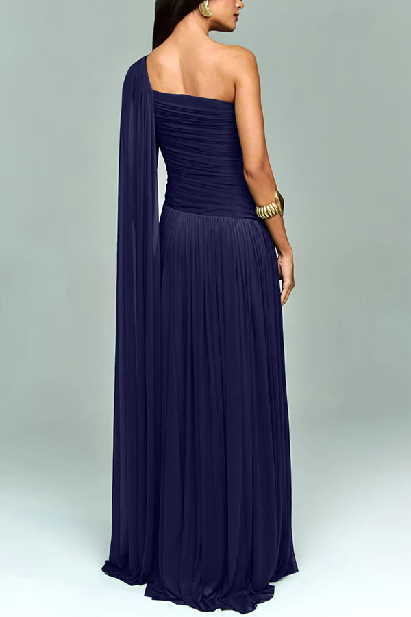 Marsala Ruched Tulle One Shoulder Asymmetrical Floor-length Sleeve Drape Maxi Dress